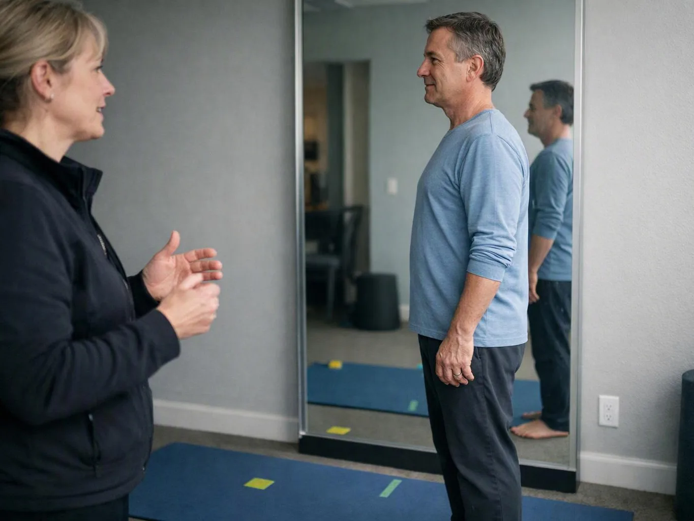 A woman gestures while a man stands in profile before a mirror in a quiet room