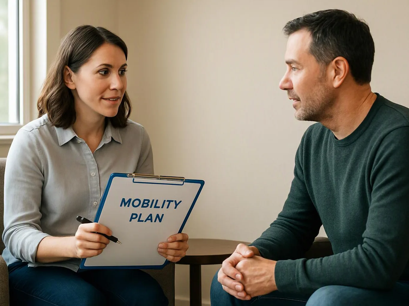 A woman holding a clipboard labeled “MOBILITY PLAN” talks with a seated man in a simple room