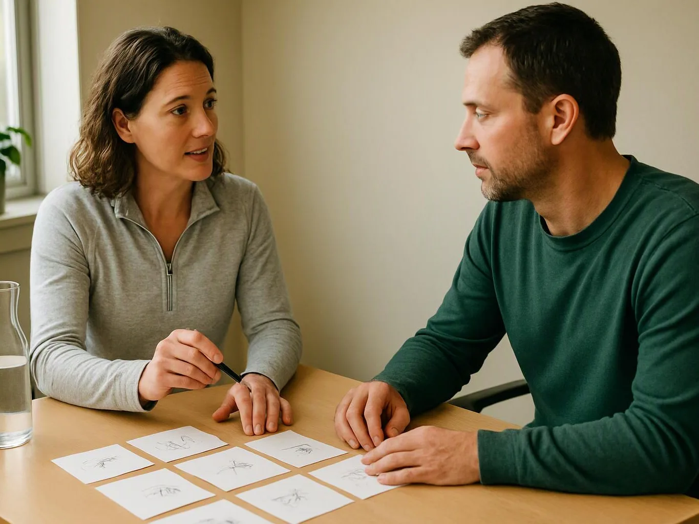 A woman and a man sit at a table, discussing small cards with sketches on them