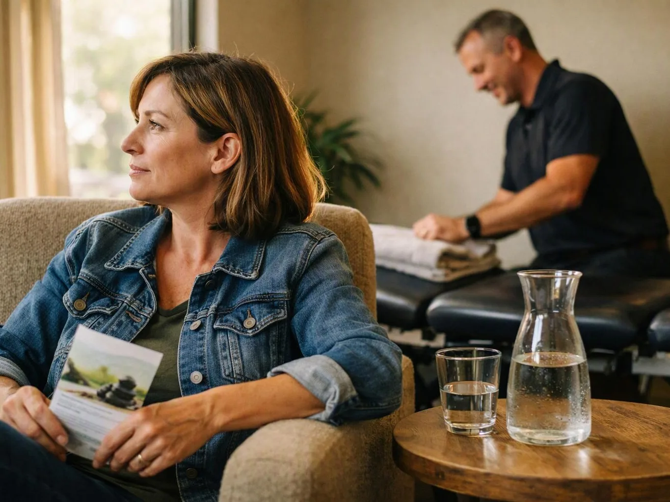 A woman sits in a chair holding a brochure while a man prepares a massage table in a calm treatment room