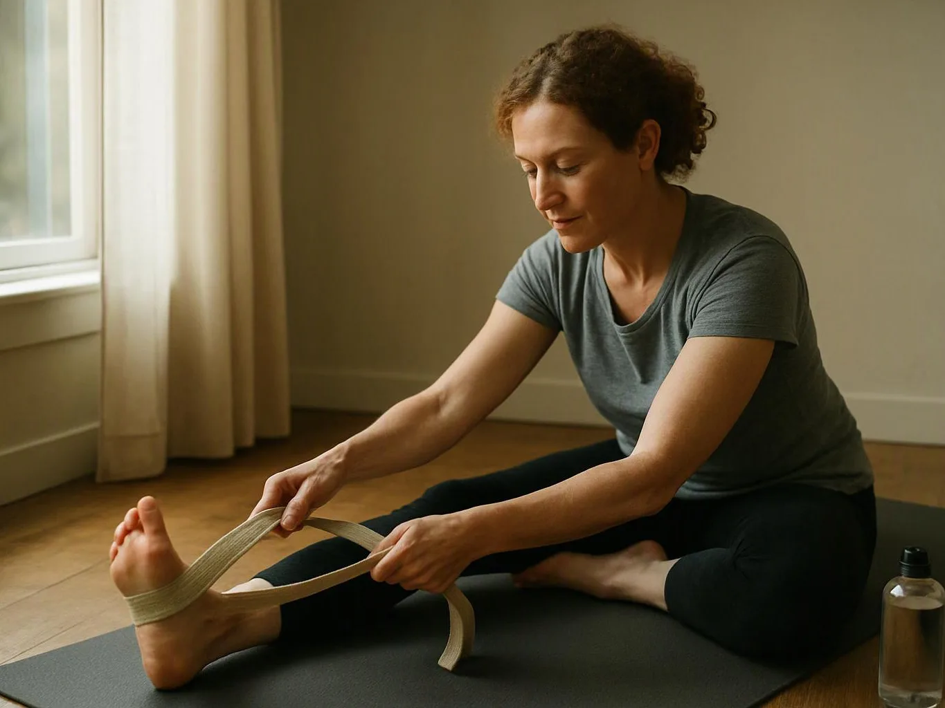 A woman sits on a yoga mat, stretching her foot with a strap in a calm room near a window