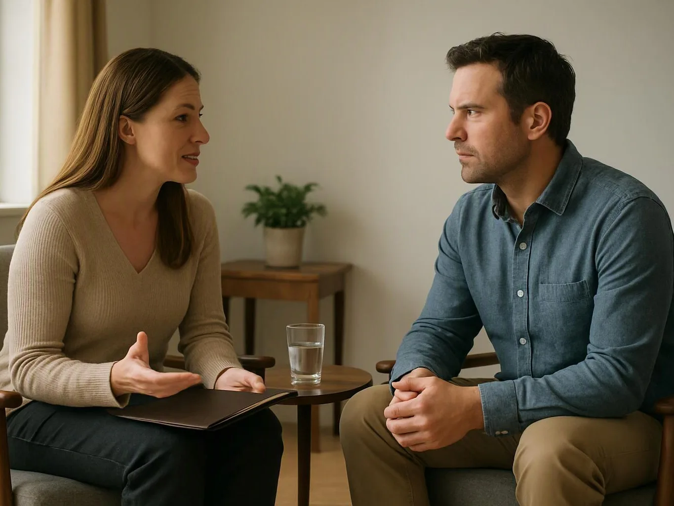 A woman speaks to a man in a calm room, with a notebook and glass of water on a small table