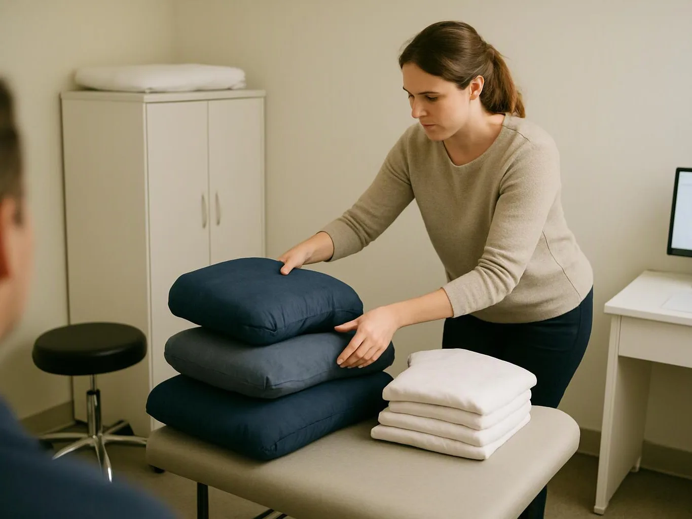 A woman stacks folded linens on a treatment table in a plain clinic room