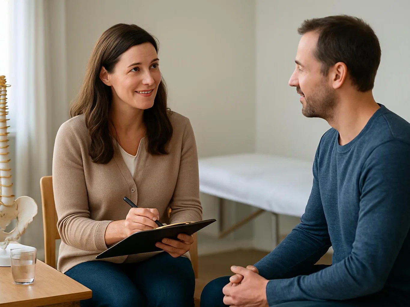 A woman takes notes while speaking with a seated man in a bright clinic room