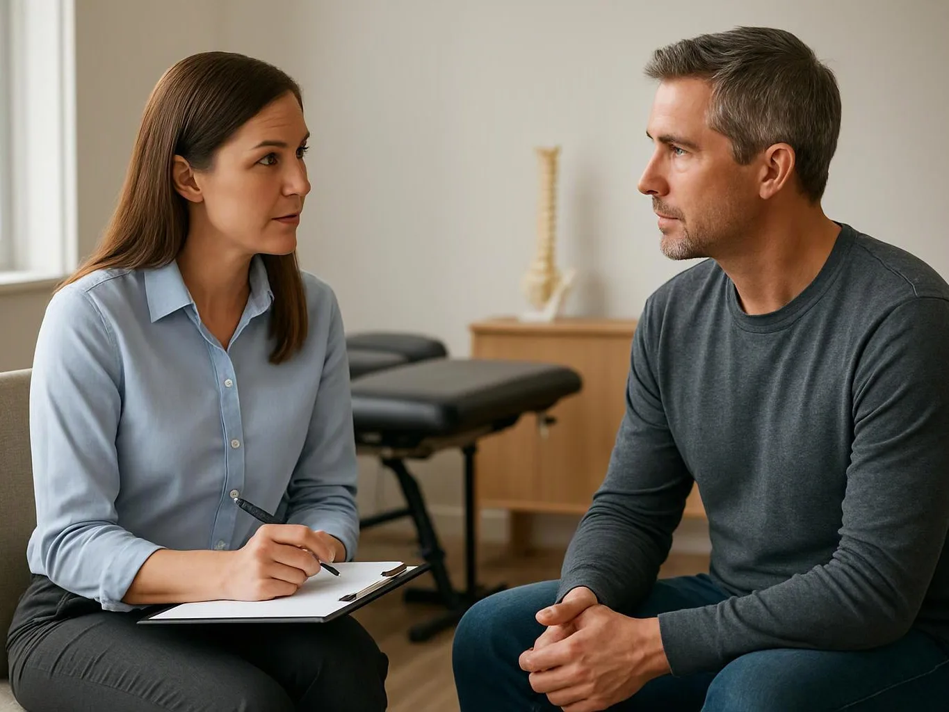 A woman takes notes while talking with a man in a bright therapy office