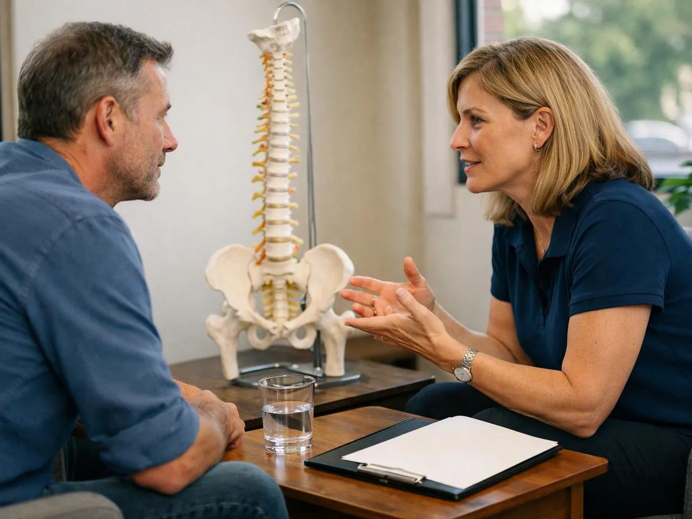 A woman talks with a man across a table beside a spine model in a bright office