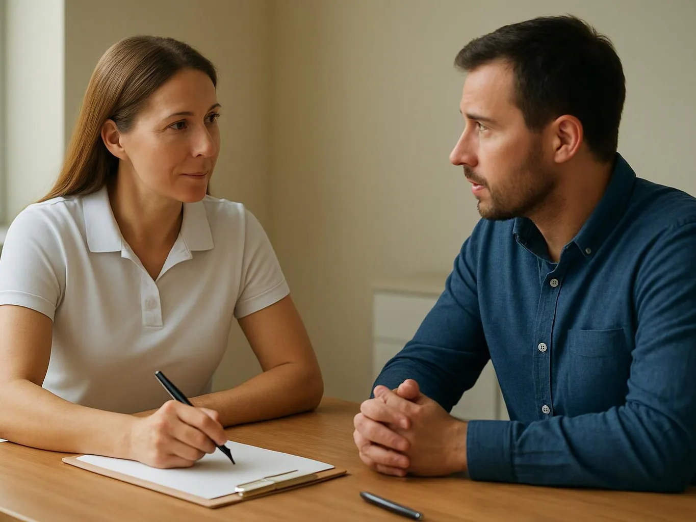 A woman writes on a clipboard while facing a man across a wooden table in a bright room