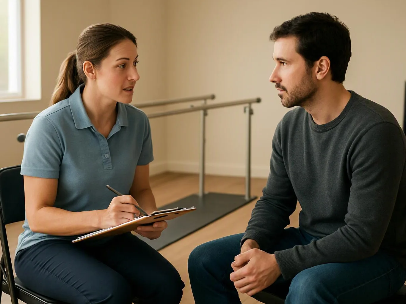 A woman writes on a clipboard while talking to a seated man in a bright studio with ballet bars