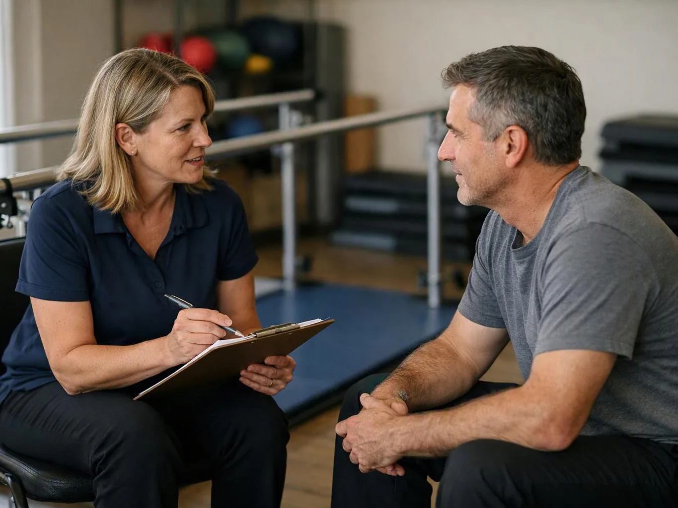A woman writes on a clipboard while talking with a seated man in a gym studio