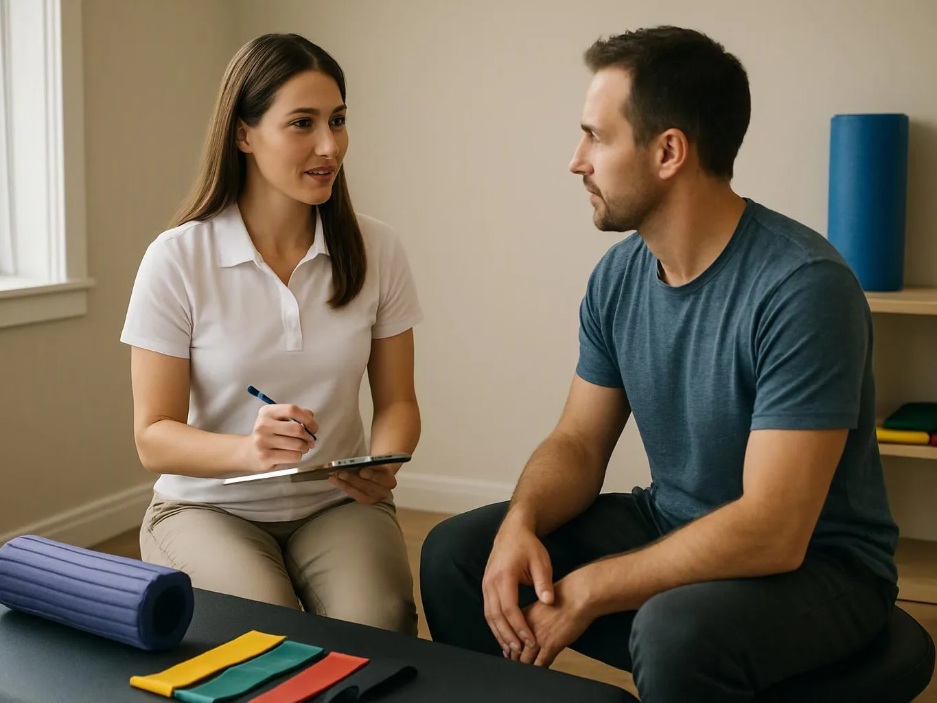A woman writes on a clipboard while talking to a seated man in a bright room with exercise mats and bands