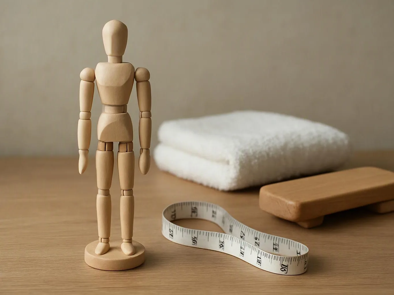 A wooden mannequin stands beside folded towels, a measuring tape, and a wooden brush on a table