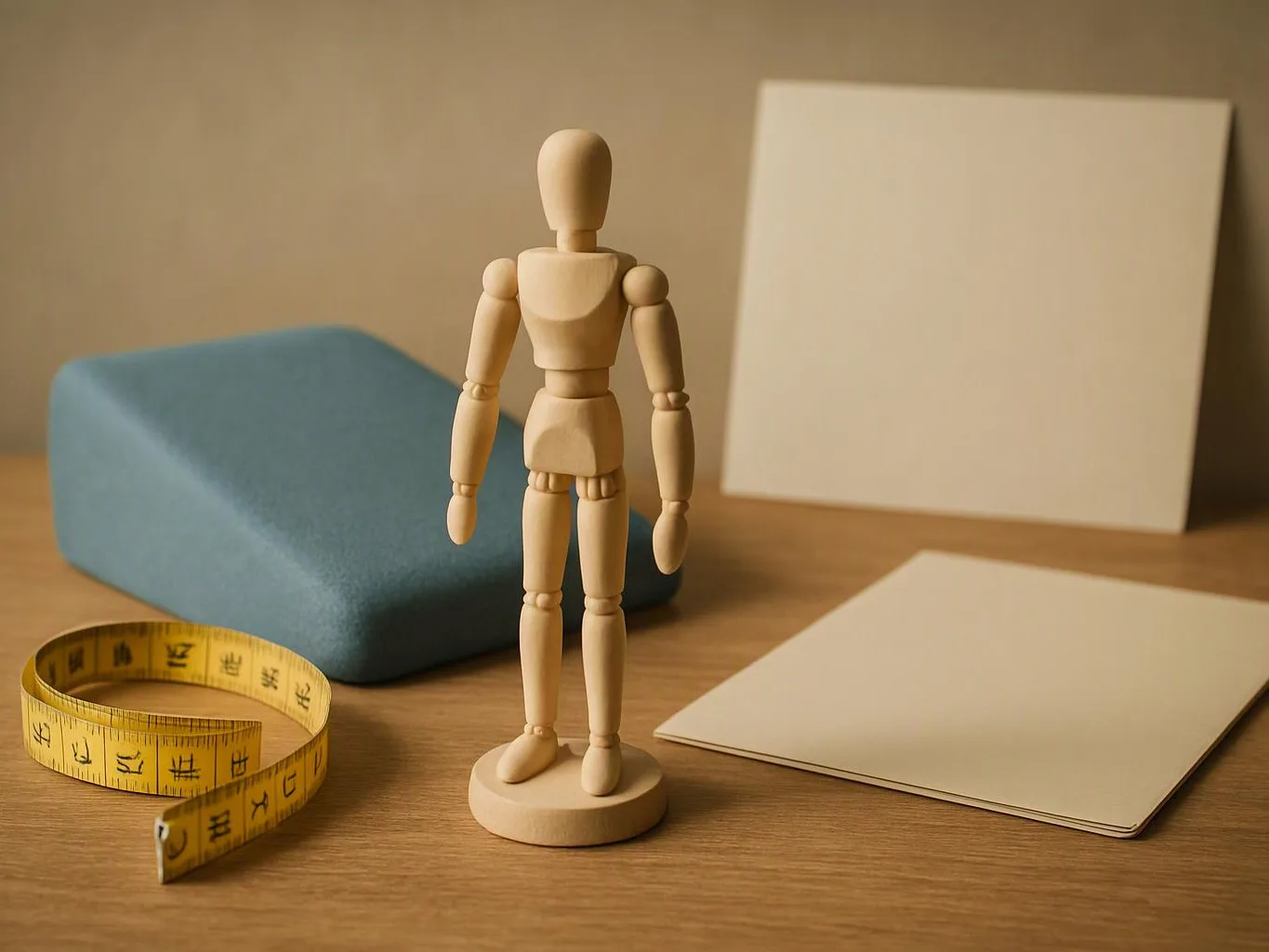 A wooden mannequin stands on a table beside a measuring tape, blue block, and blank cards