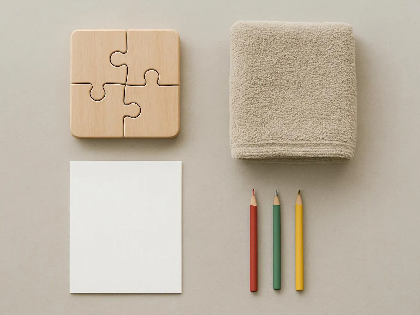 A wooden puzzle, folded towel, blank paper, and three colored pencils sit neatly on a beige surface