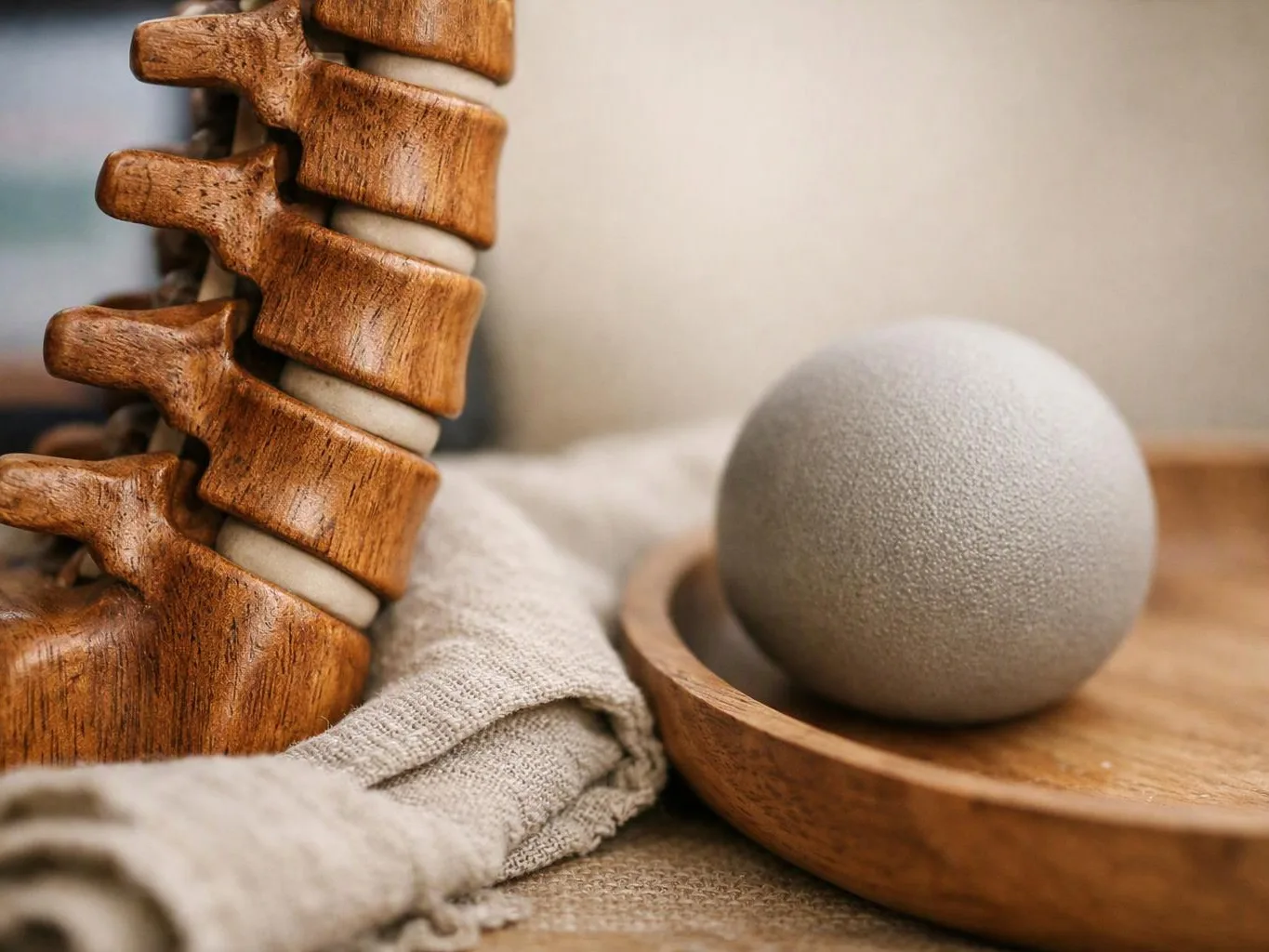 Wooden spine model beside a gray massage ball on a shallow wooden tray with folded cloth