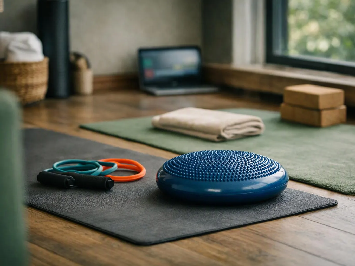 A yoga mat holds a balance cushion and resistance bands in a bright room by a window