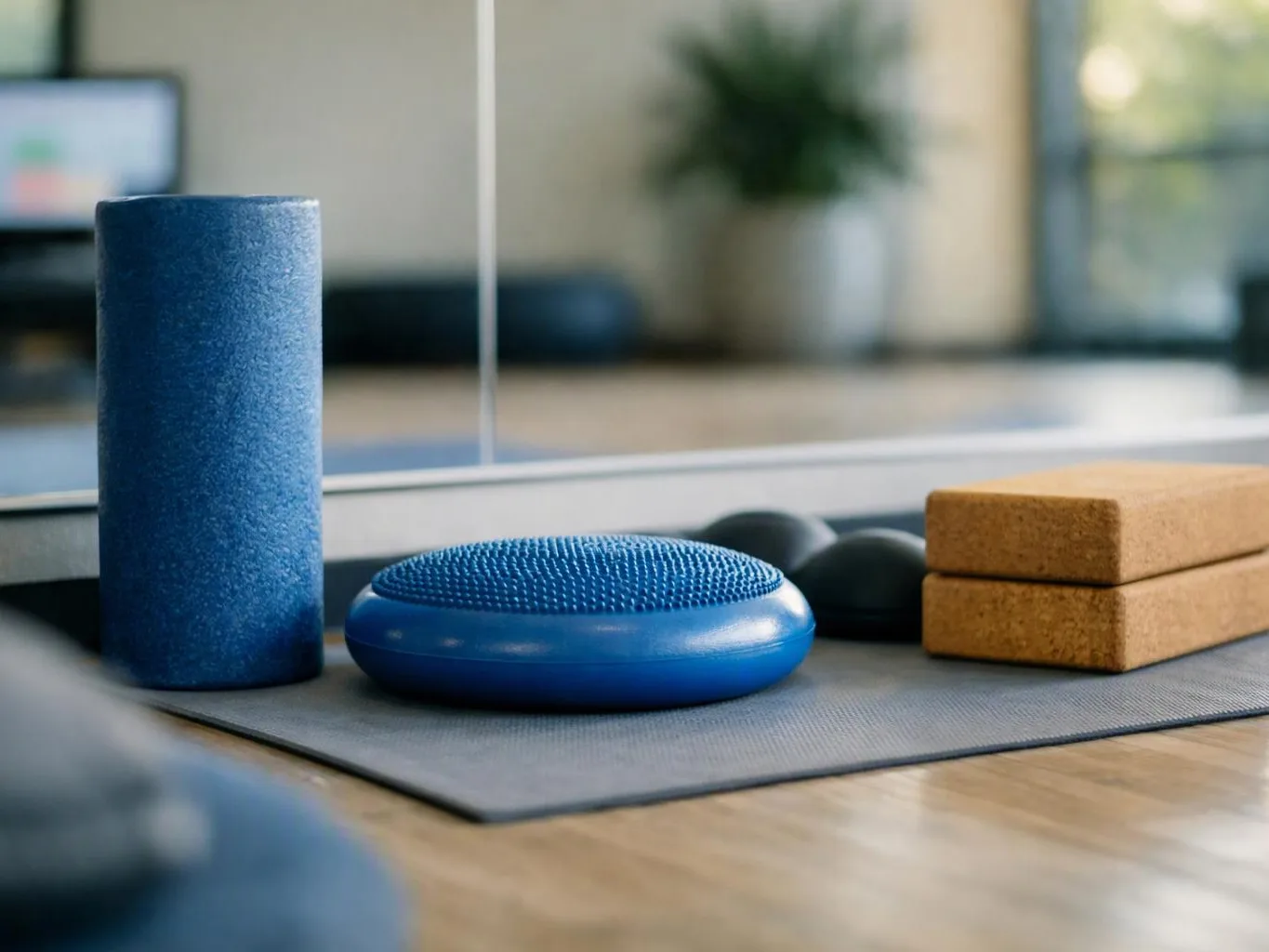 Yoga props, including a blue foam roller, balance cushion, and cork blocks, rest on a mat in a bright studio
